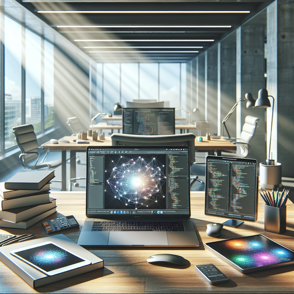 Modern tech workspace with a laptop displaying mobile app development interface, surrounded by tech gadgets and books.