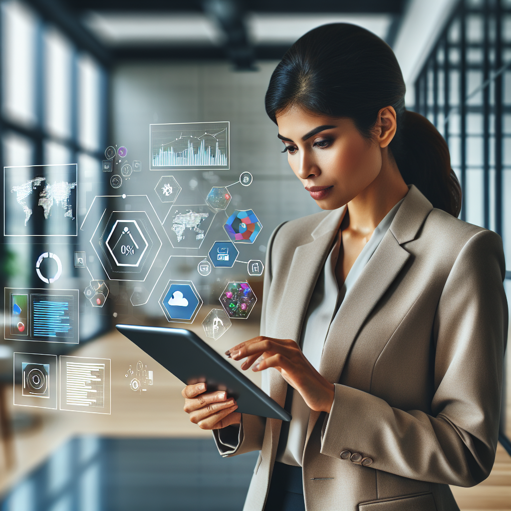 A business professional analyzing a tablet with mobile app diagrams and cost charts in a modern office setting.