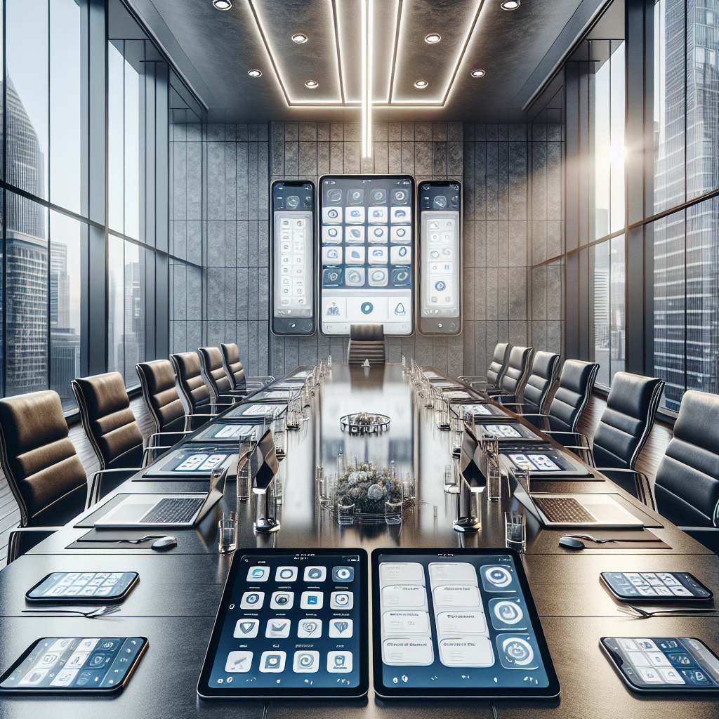 A business meeting setup with mobile devices displaying app designs in a modern office.