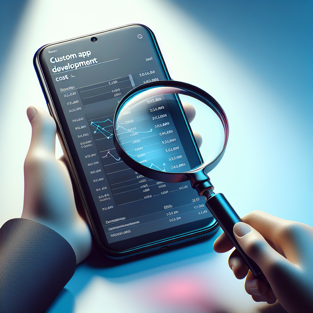 A smartphone with a hand holding a magnifying glass over a spreadsheet of costs, symbolizing custom mobile app development prices.