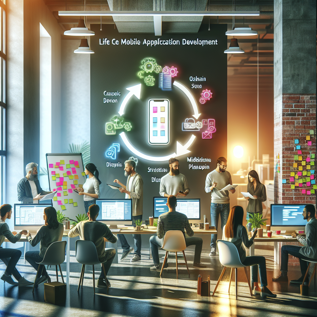 Developers working collaboratively in a modern office setting, highlighting the mobile application development life cycle.