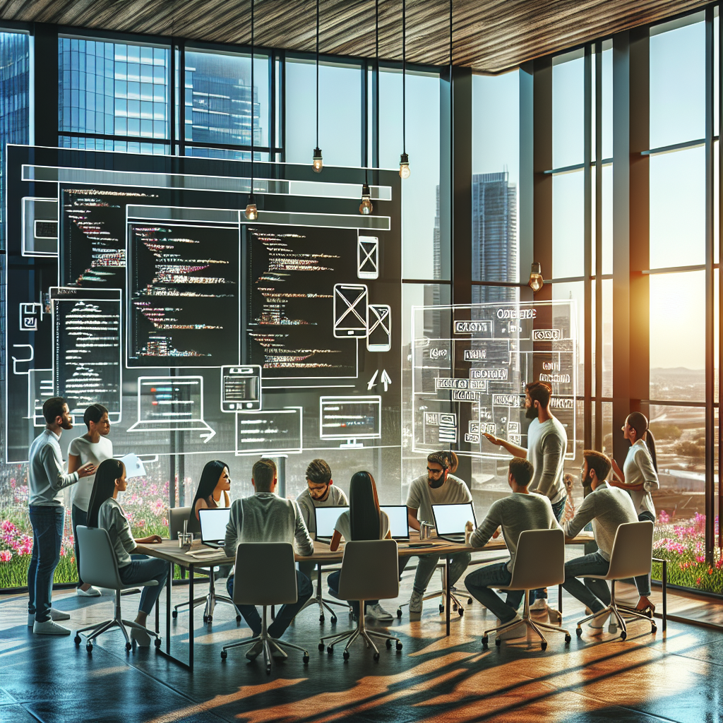 A realistic image of a team of developers working on mobile application development, with laptops, wireframes, and brainstorming notes in a modern office.