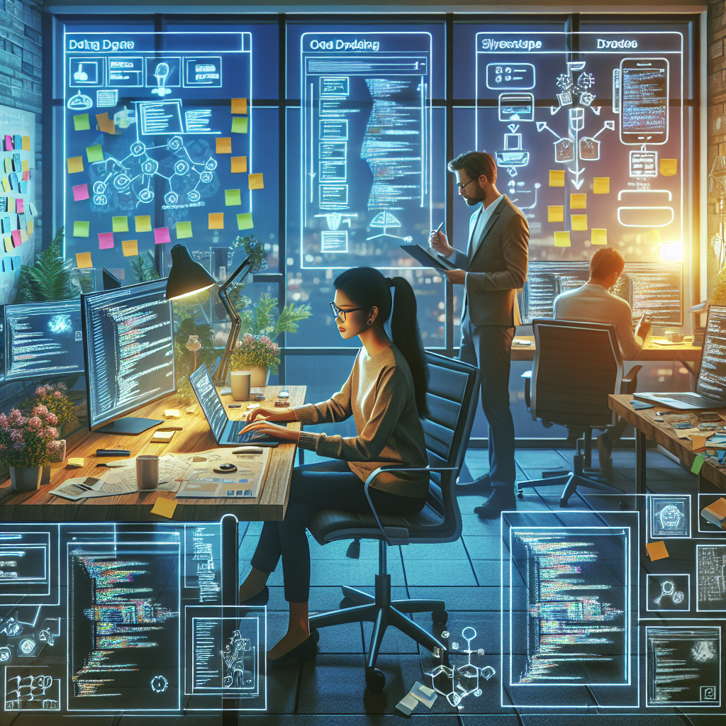 A realistic depiction of a mobile app development life cycle with a programmer at a modern desk.