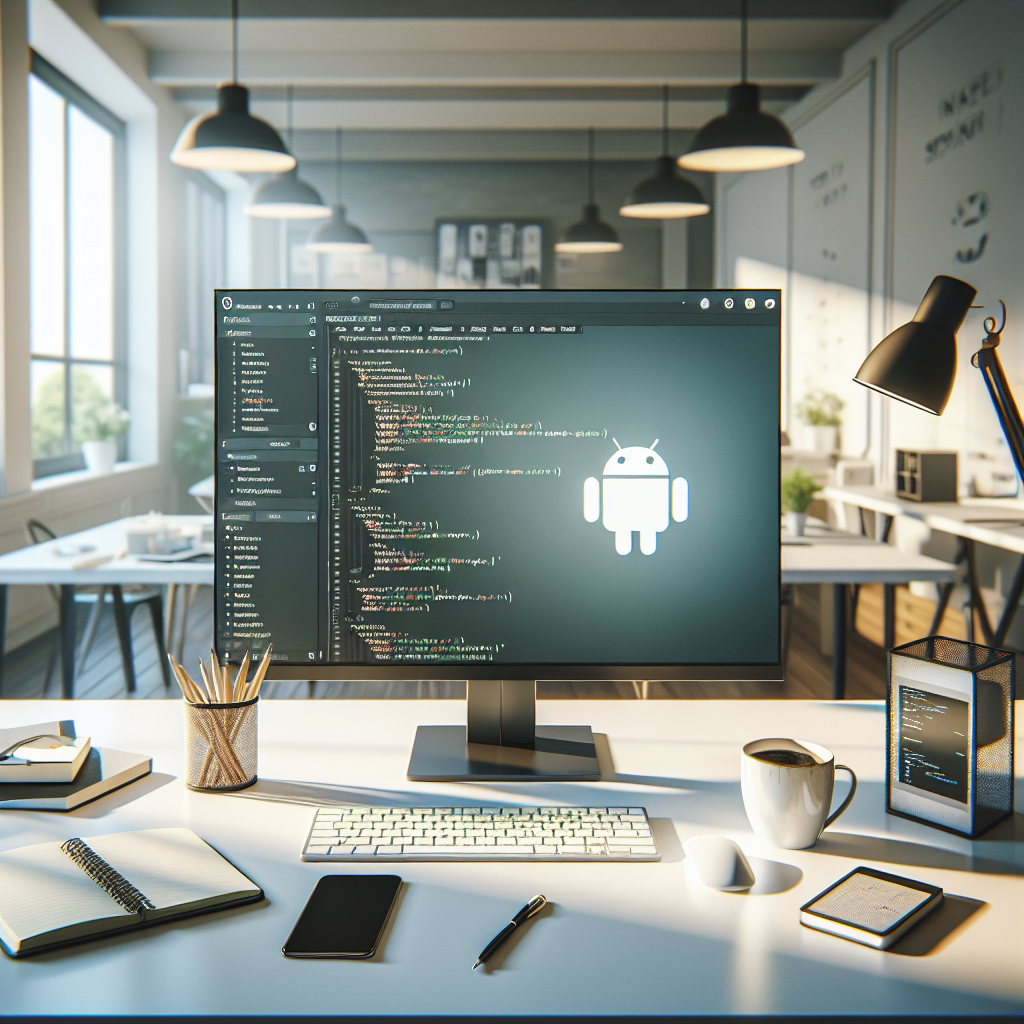 A modern computer workstation showing Android Studio interface with various tools visible, on a sleek white desk in a bright, inspiring environment.