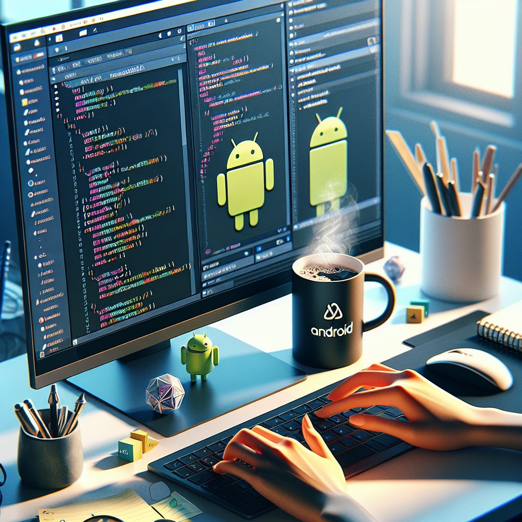 A detailed and realistic depiction of an Android developer workspace showcasing Android Studio on a computer screen.