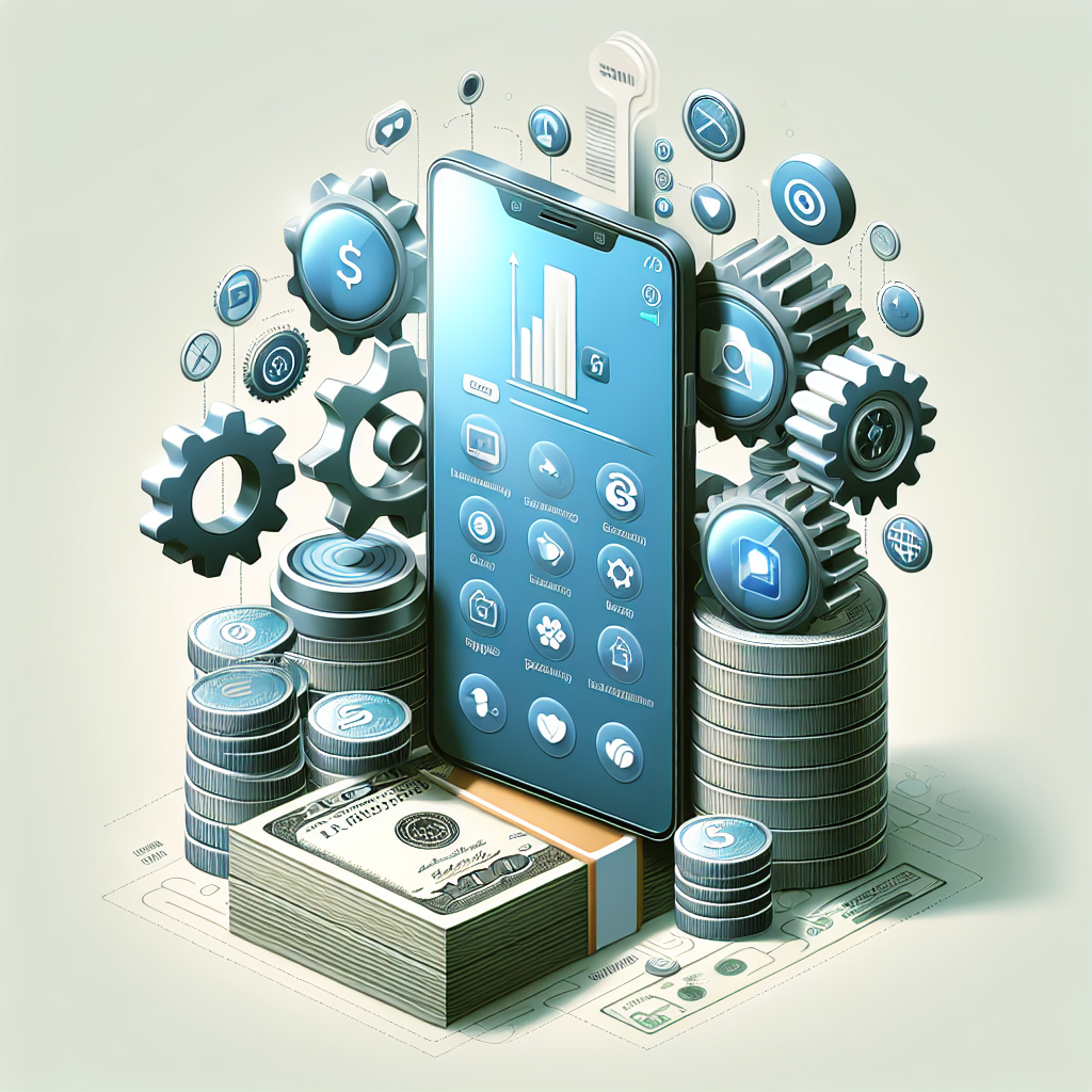 Illustration depicting mobile app development costs with money, smartphone, gears, and app function icons.