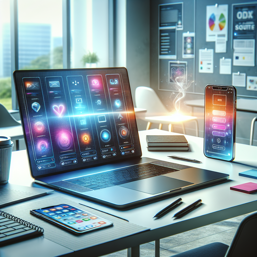 A modern workspace showing a laptop with app design mockups, surrounded by notes, a smartphone, and coffee.