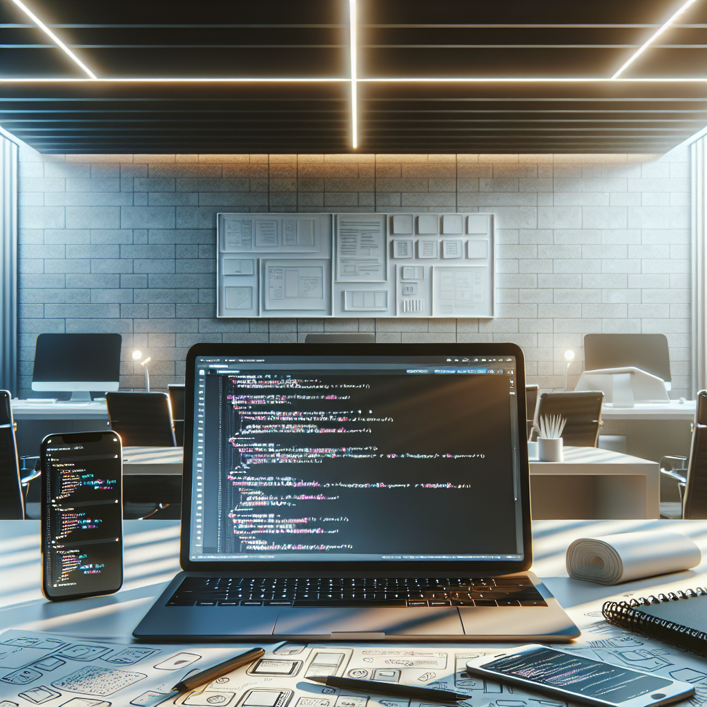 Modern office desk setup with a laptop, smartphone, and notepad showing mobile app development.