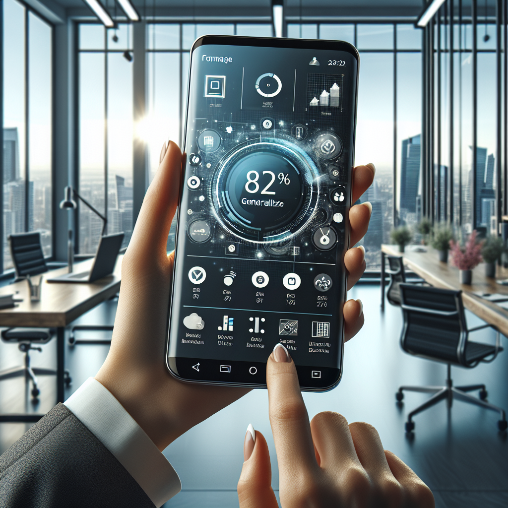 A businessperson holding a smartphone with a custom app interface in a modern office setting.