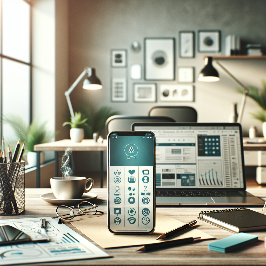 Modern office desk with a smartphone displaying a custom mobile app interface, surrounded by a laptop, stationery, and a cup of coffee.