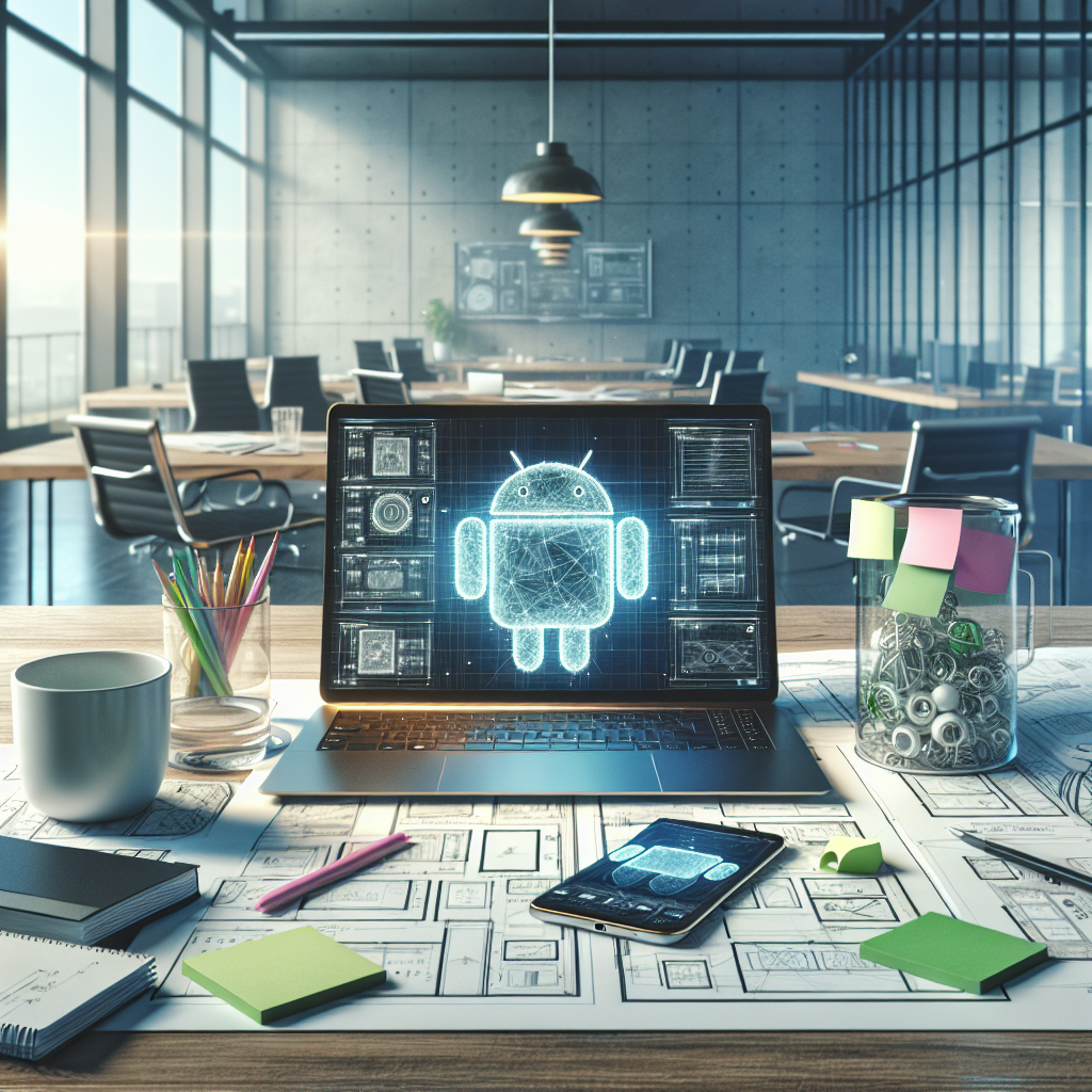 A realistic scene of an organized workspace with a laptop displaying Android app wireframes, design sketches, and utensils on a bright, sunny desk.