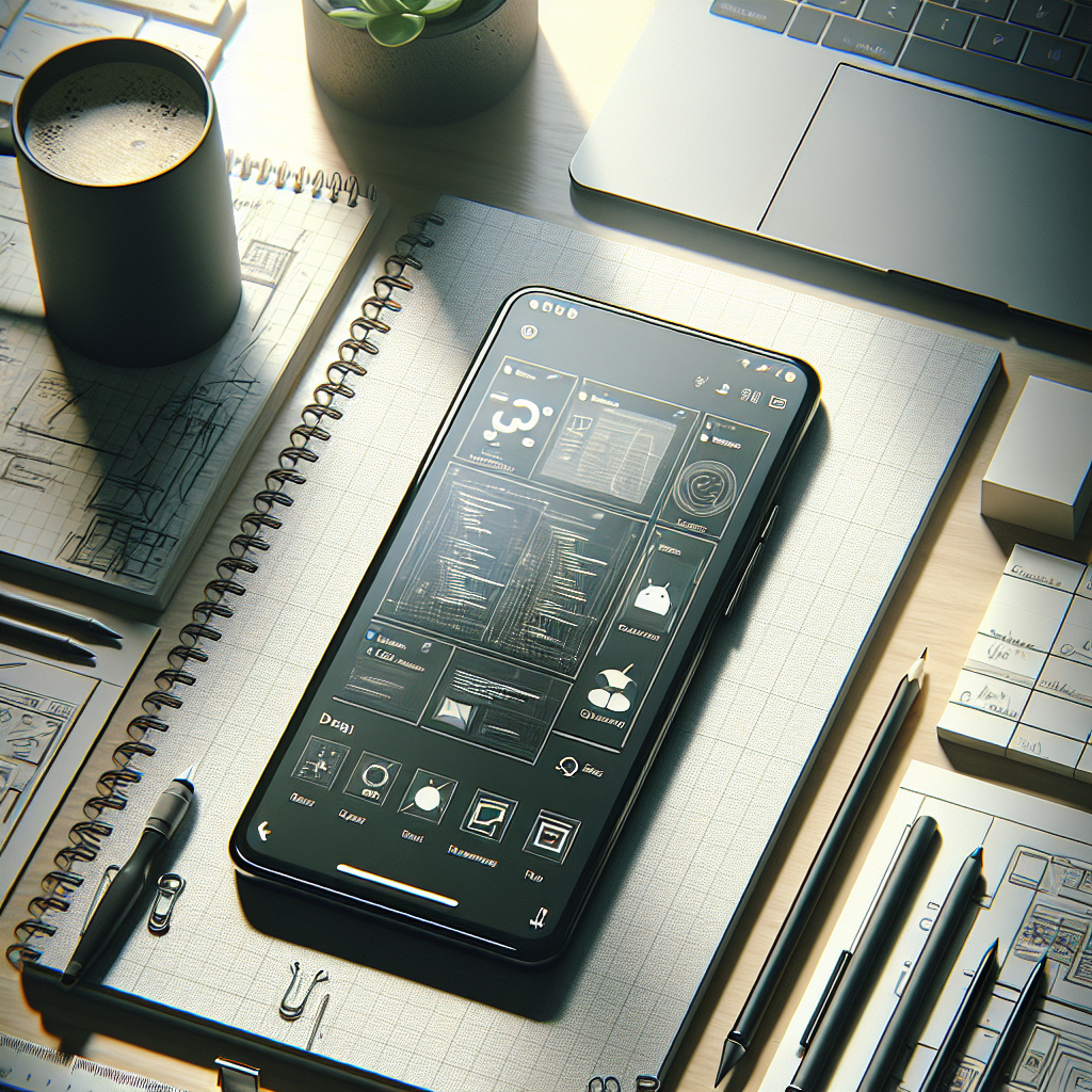 A realistic depiction of a designer's workspace with an Android smartphone and app design tools.