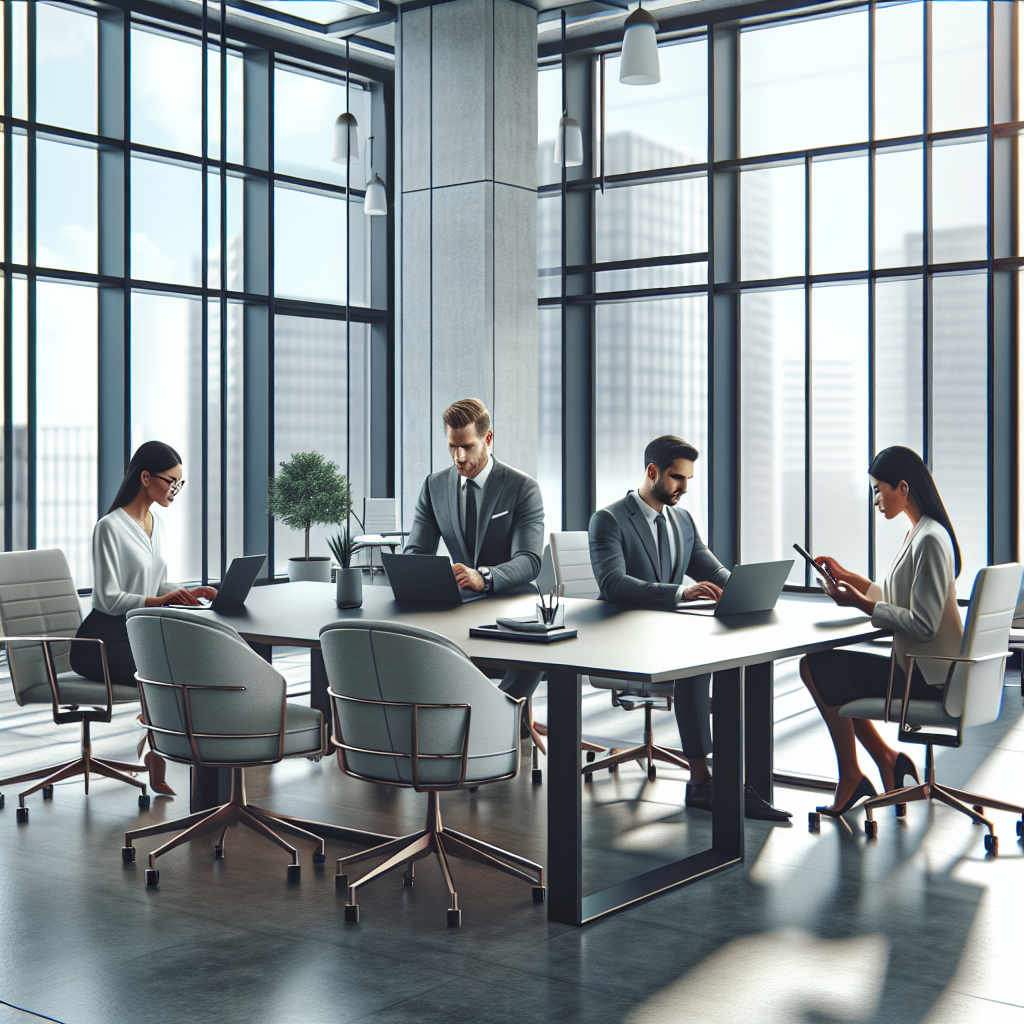 Professionals collaborating in a modern office setting around a conference table with laptops and tablets.