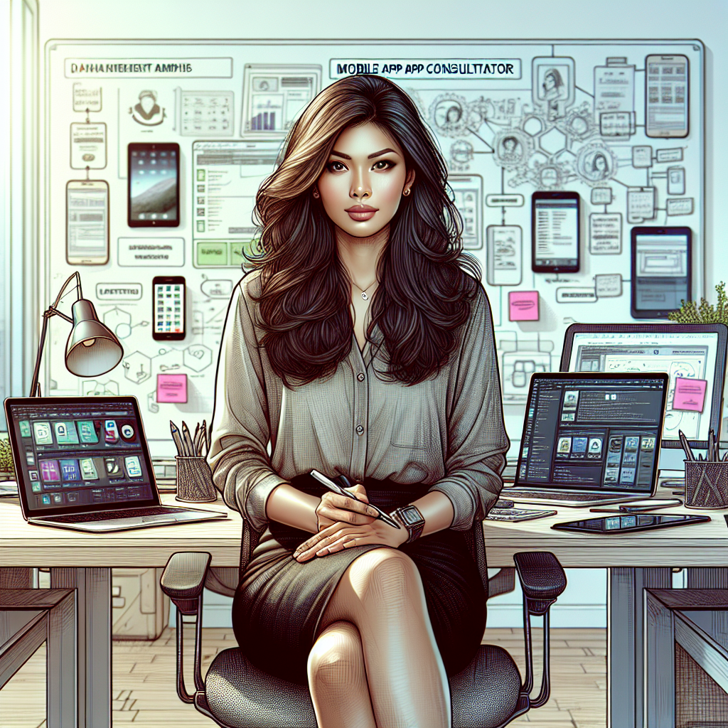 A mobile app consultant in a modern office, surrounded by technology and planning tools.