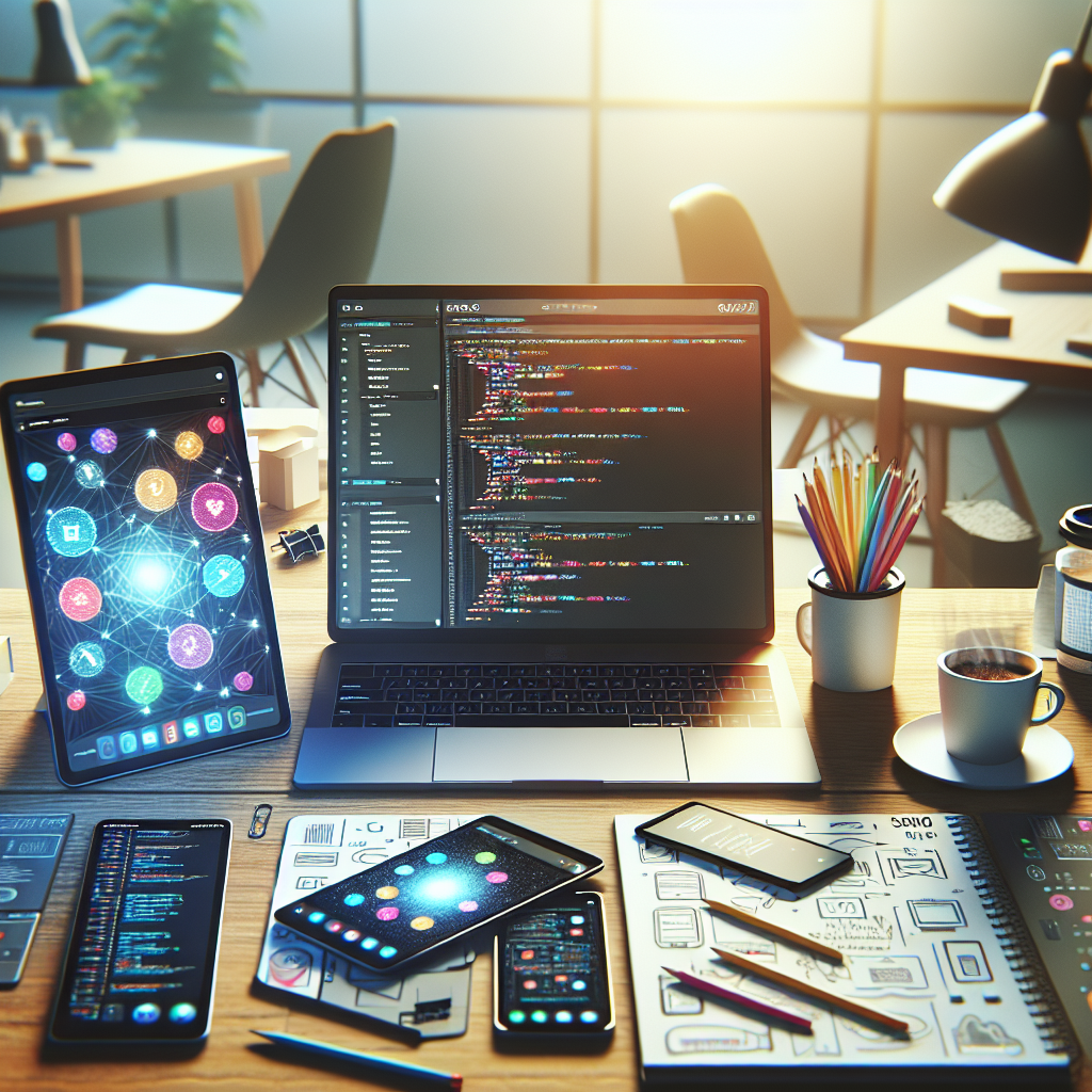 A modern workspace focused on mobile app development with devices and development tools.