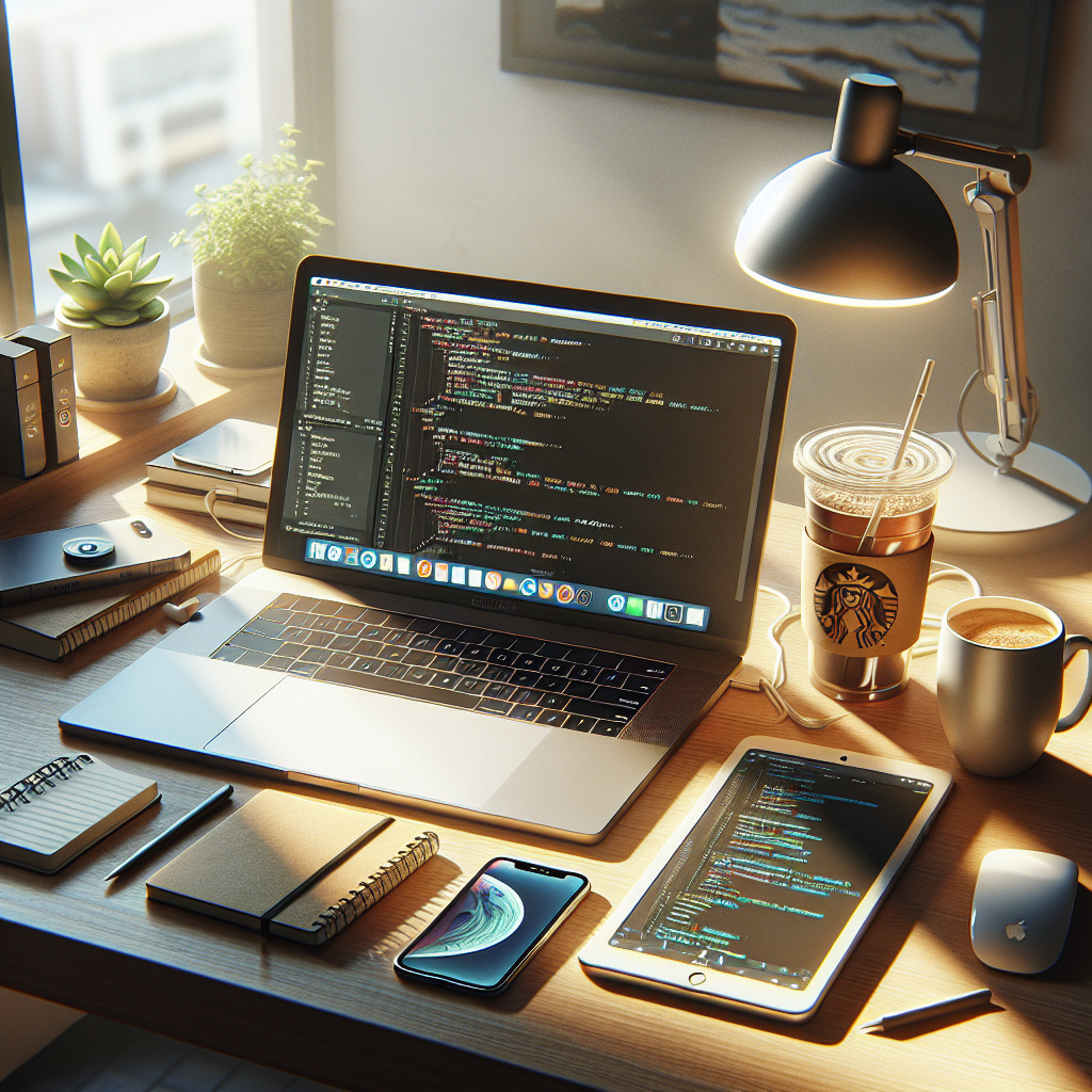 A realistic depiction of an iOS mobile development workspace with a MacBook displaying Xcode and other development tools.