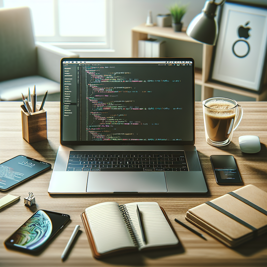 A realistic depiction of a modern iOS app development setup with a laptop displaying Swift code, surrounded by coding items in a tidy home office.