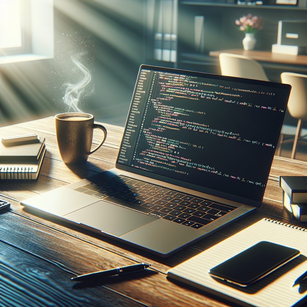 Workspace with MacBook displaying Swift code on Xcode, an iPhone, notebooks, and a coffee cup, representing iOS app development.