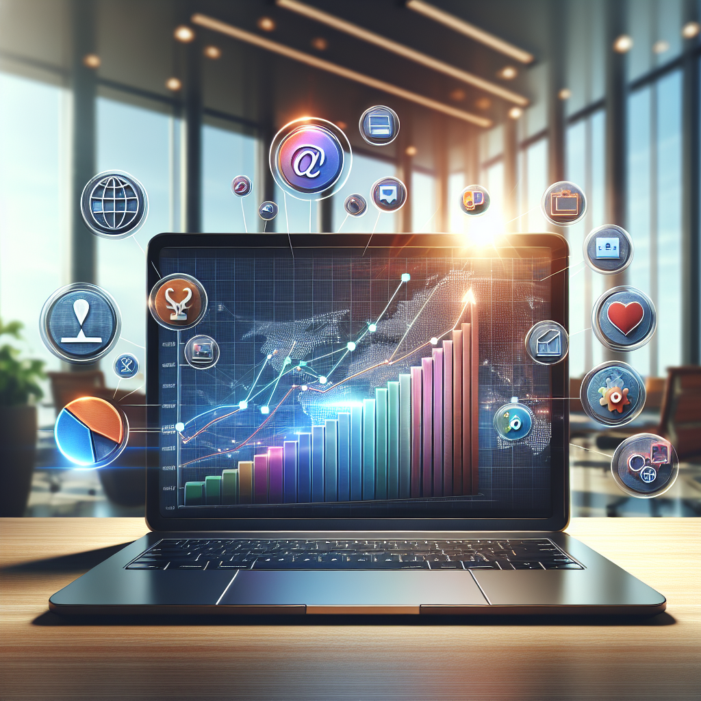 Various user acquisition strategies depicted with icons and a laptop displaying user growth graph, set in a modern office environment.