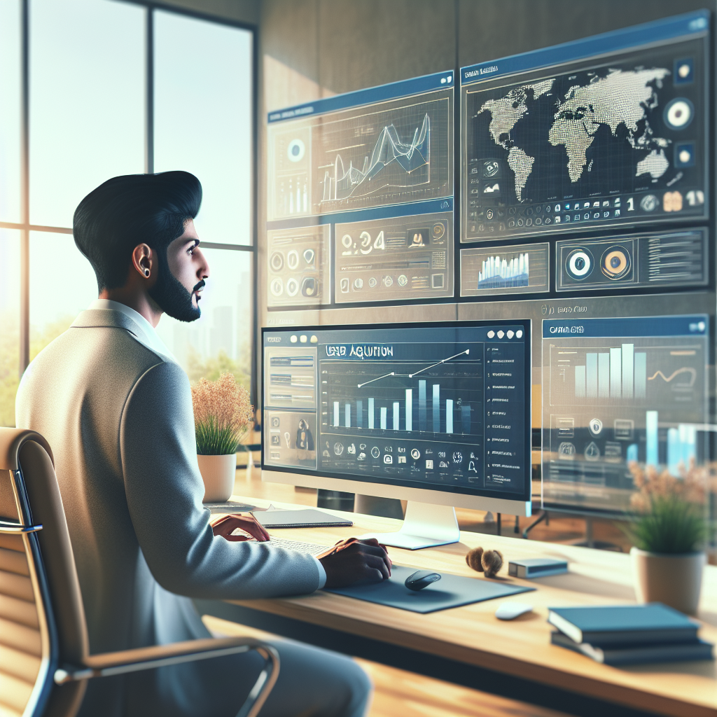 A business professional analyzing user acquisition data on a computer in a modern, bright office.