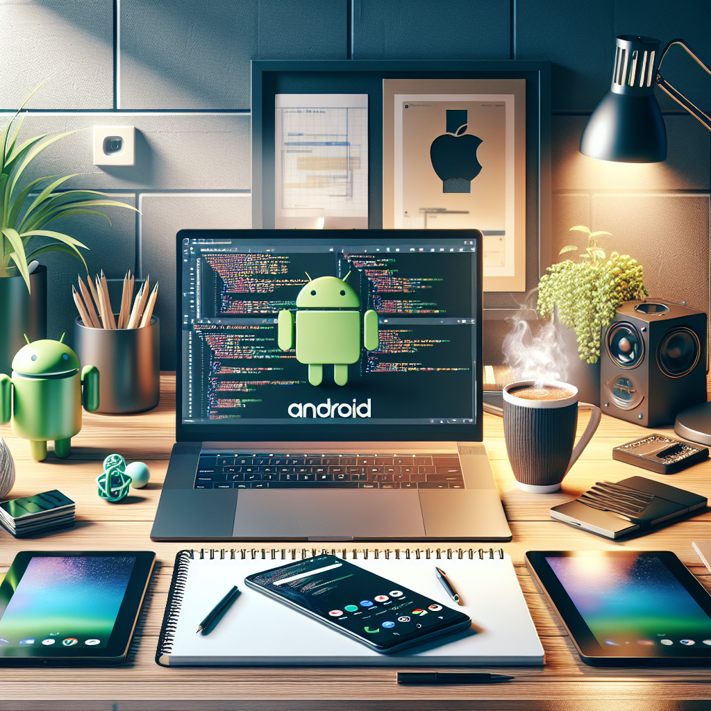 A modern workspace with a laptop displaying Android Studio and Android devices.