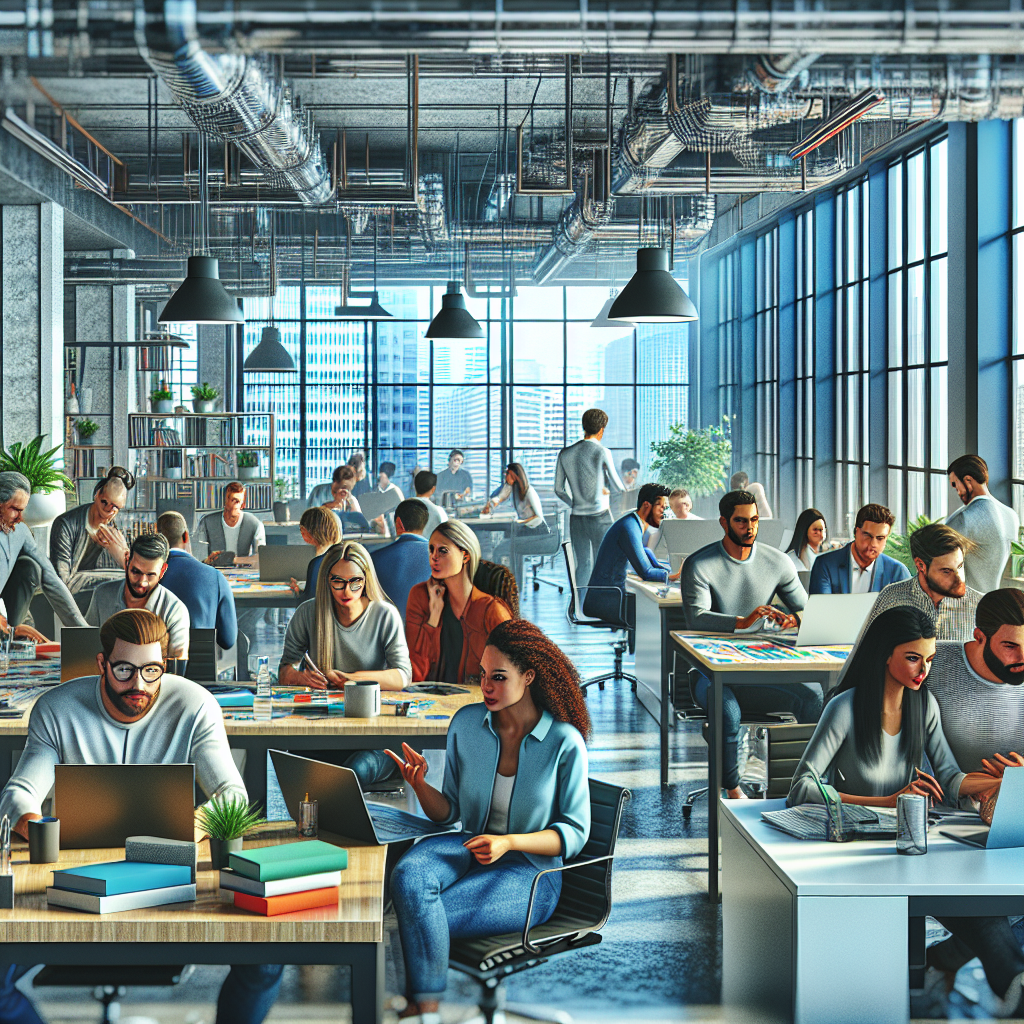 A modern startup office with app developers collaborating on a project.