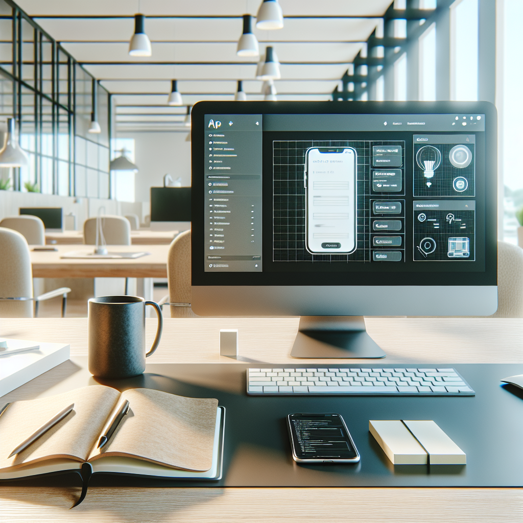 A modern app development workspace with a focus on a developer's desk and computer screen showing an app interface.