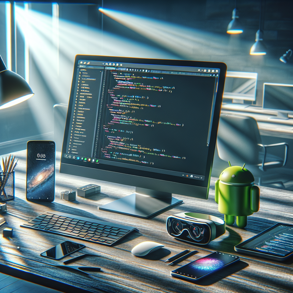 A modern workspace for Android app development, featuring Android Studio, a smartphone, and VR glasses.