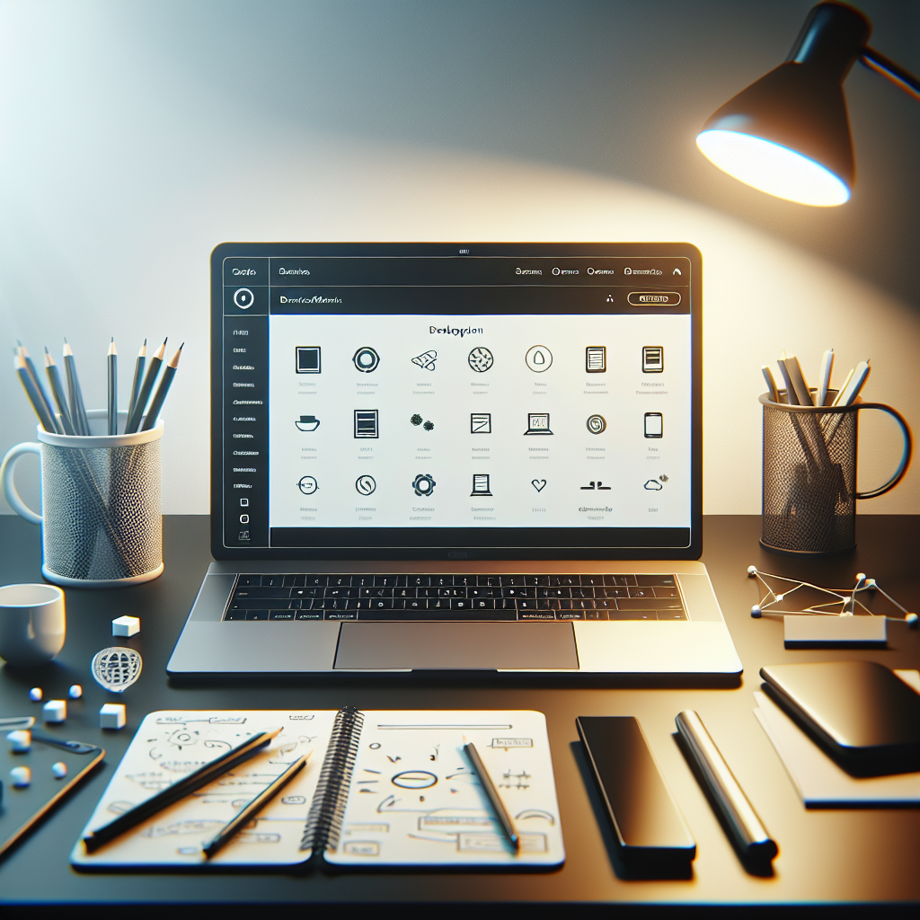 A modern workspace with a laptop displaying a minimalist app UI, surrounded by development tools and a coffee mug.