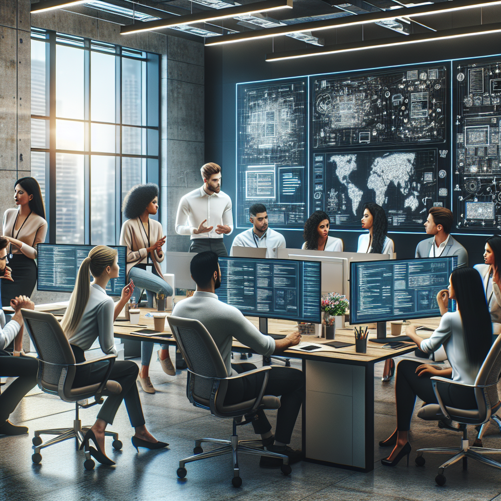 Team of professional app developers collaborating in a modern office with high-tech gadgets and computer screens.