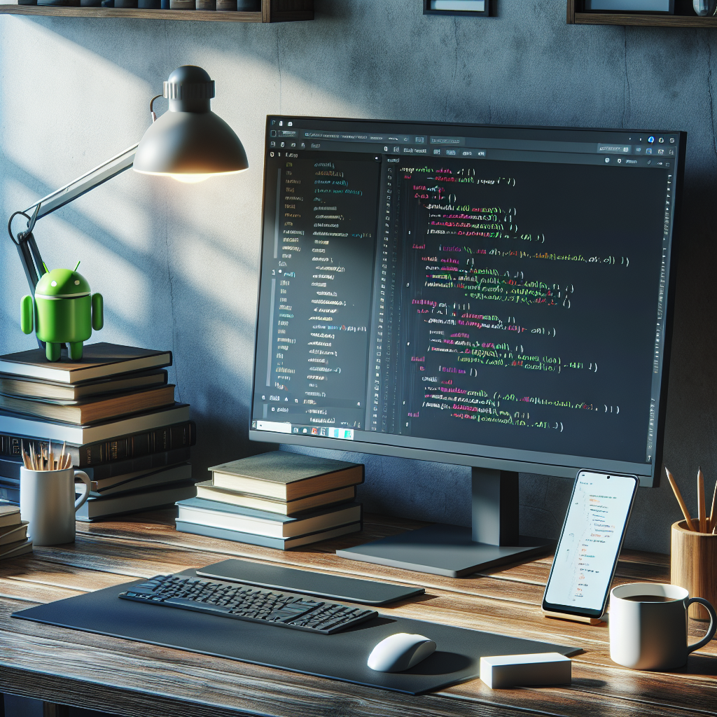 Modern workspace setup for Android app development with a computer screen showing Android Studio, coding books, a coffee mug, and an Android smartphone.