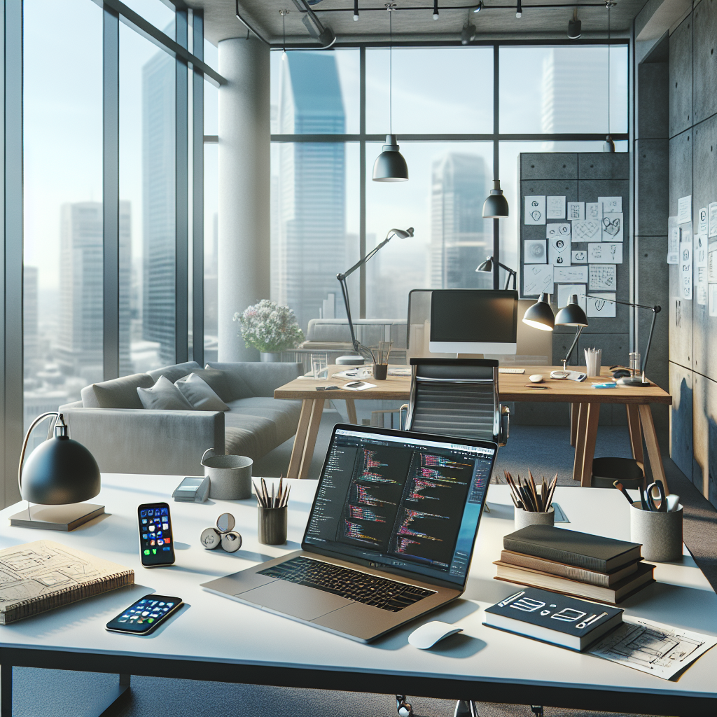 Modern office workspace of a mobile app developer with a laptop and smartphone showing app interfaces.