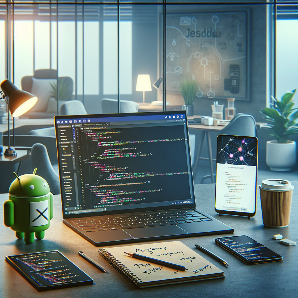 Modern workspace with a laptop displaying Android Studio, a smartphone, notepad, and coffee cup.