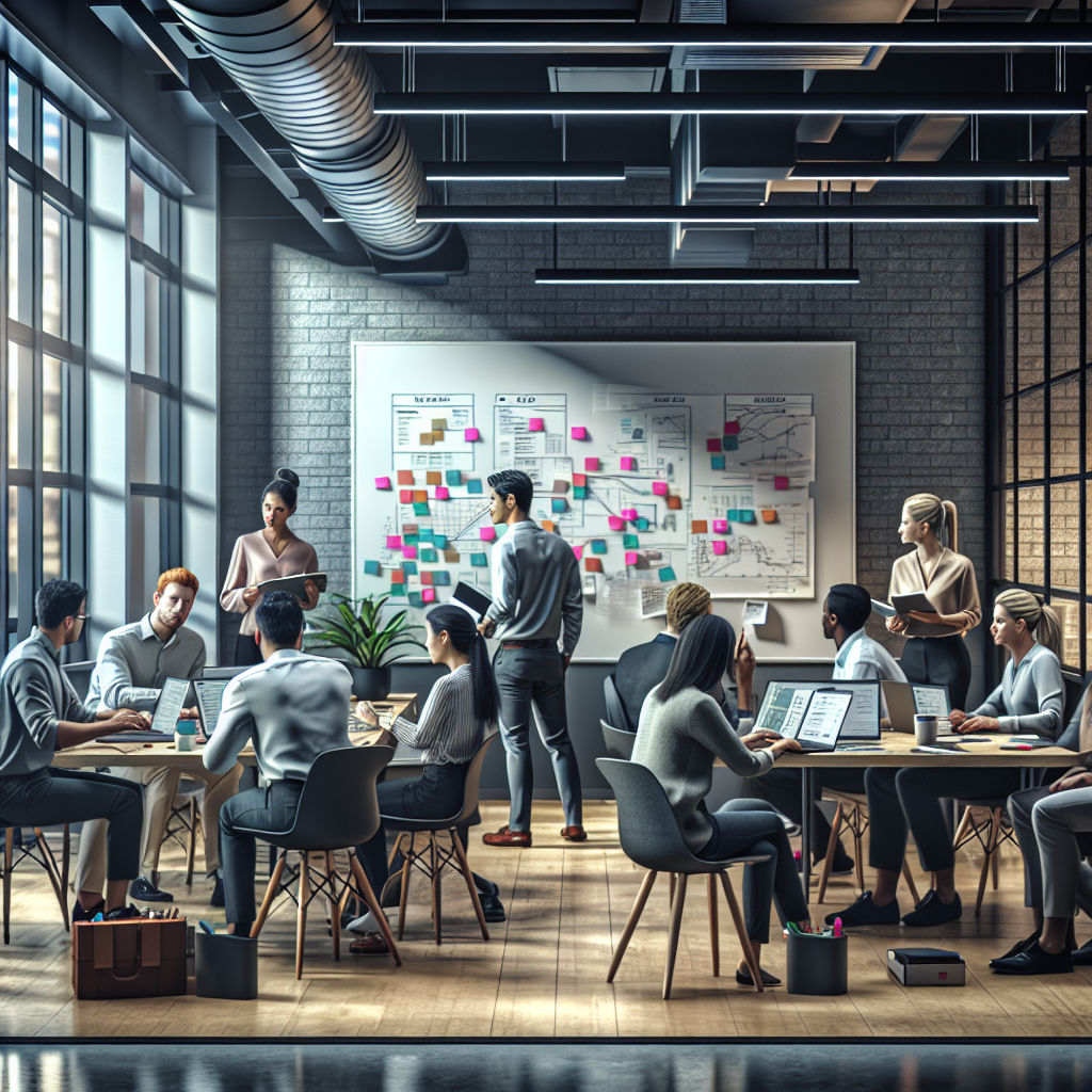 Developers collaborating in a modern office, featuring a scrum board, laptops, and whiteboards.