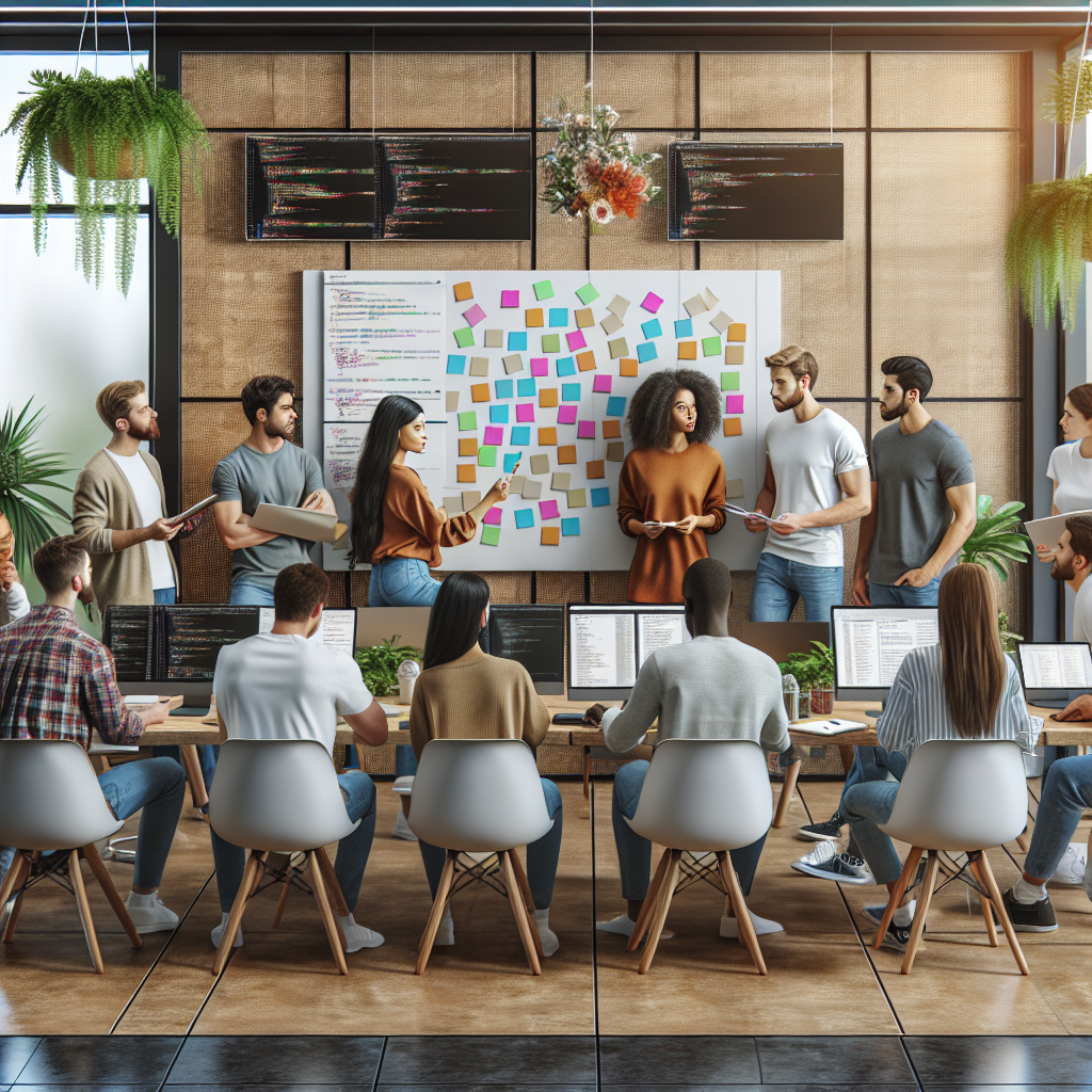 Team of software developers at a stand-up meeting in a modern office, planning agile sprints using a whiteboard and sticky notes.