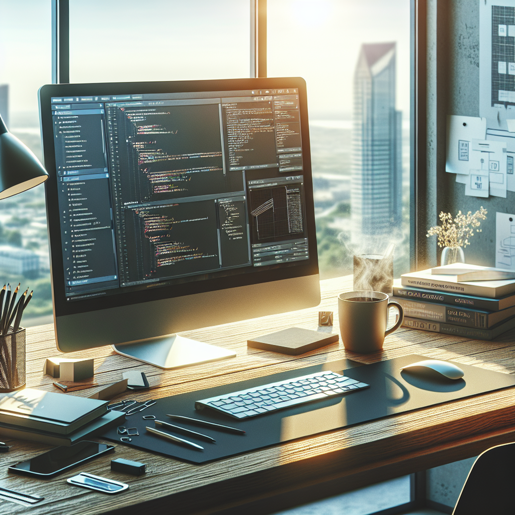 A developer's desk with a computer displaying Android Studio and app design templates.