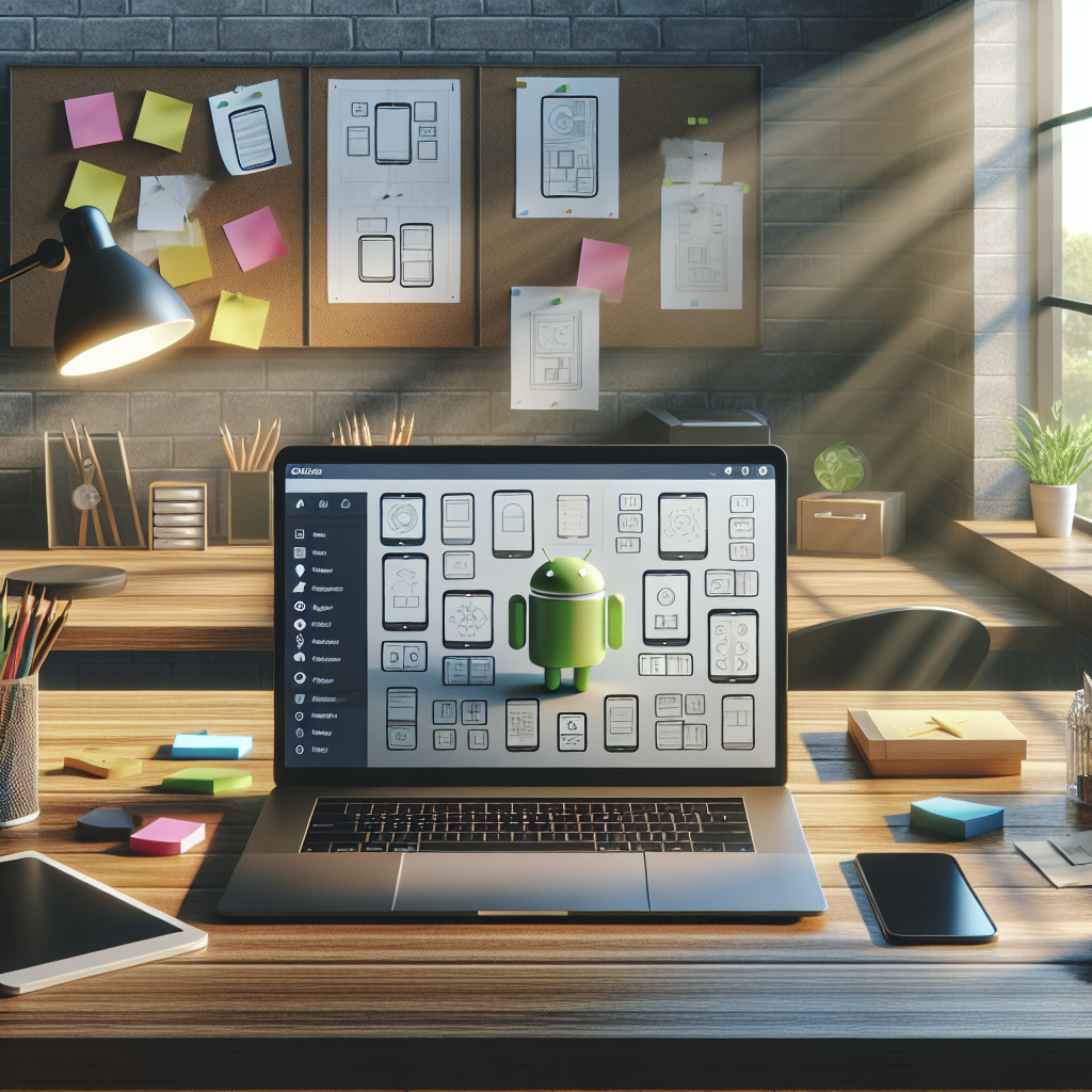 A modern workspace for Android app development with a laptop running Android Studio and various design elements.