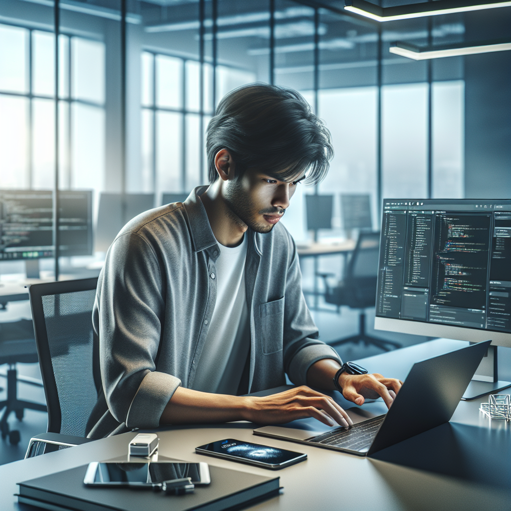 Young developer working on a mobile app in a modern office.