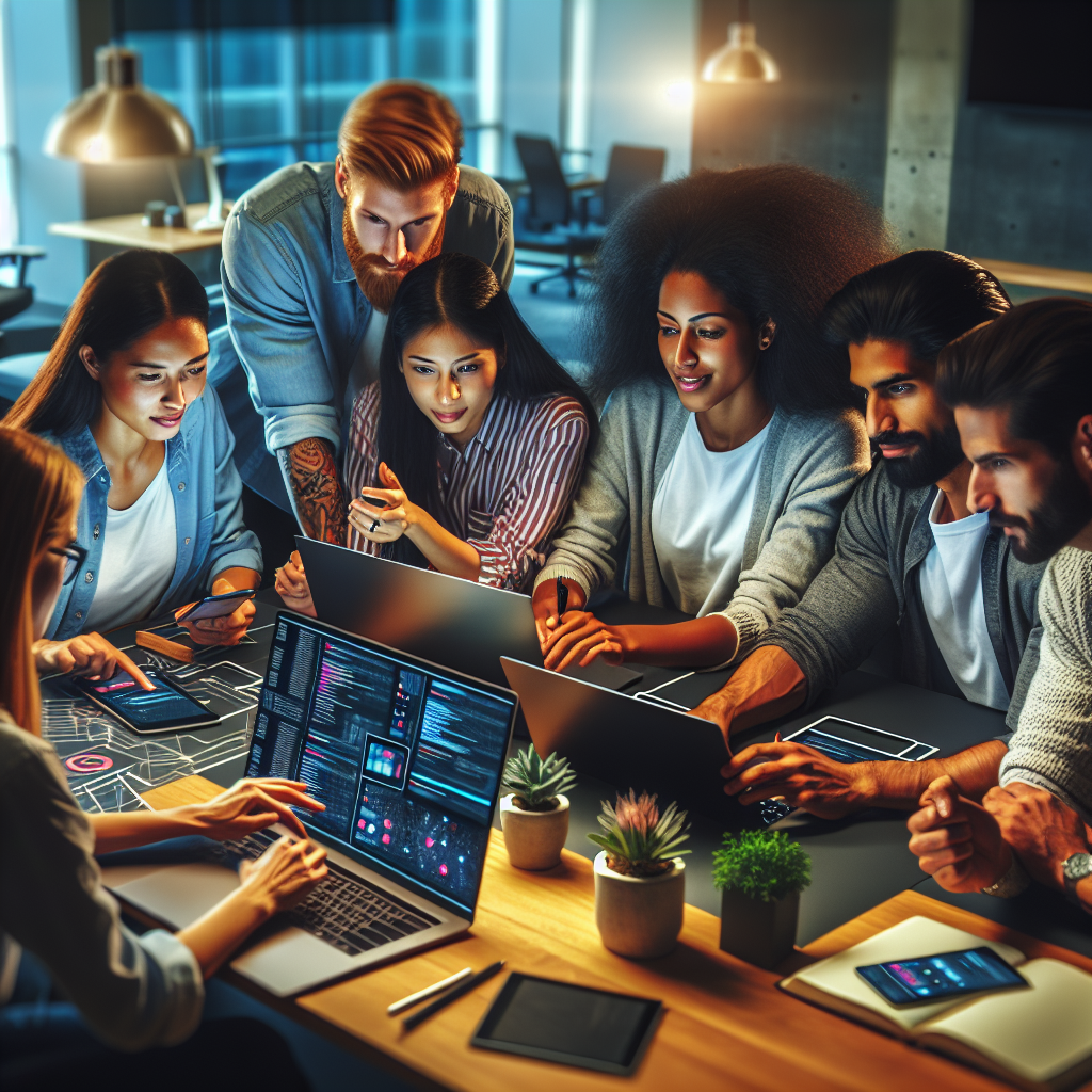 A team of developers collaborating on custom mobile app development in a modern office setting.