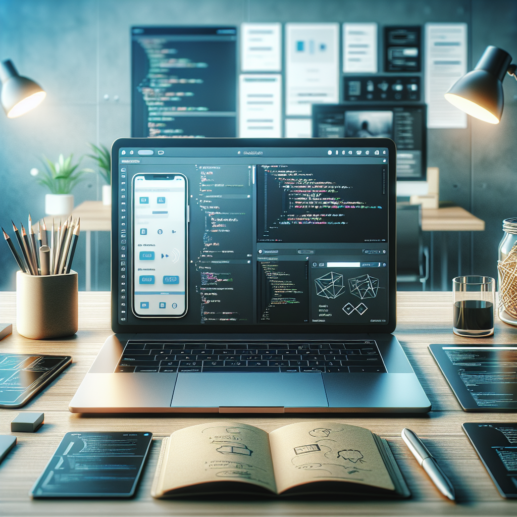 A realistic image of a workspace with a laptop displaying a mobile app interface design, surrounded by coding scripts and design tools.