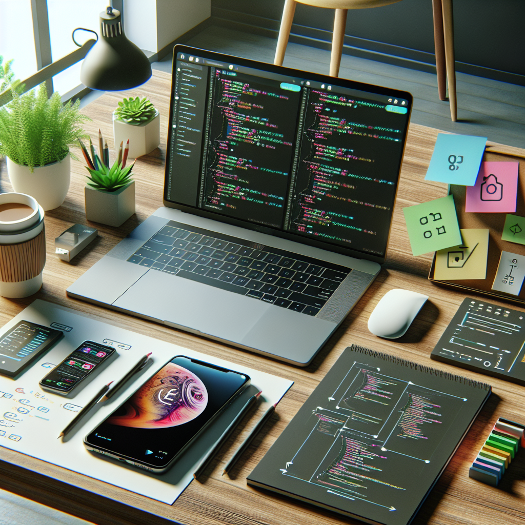 Realistic image of a modern developer workspace showing a laptop, smartphone with app UI, design sketches, coffee cup, and plant.