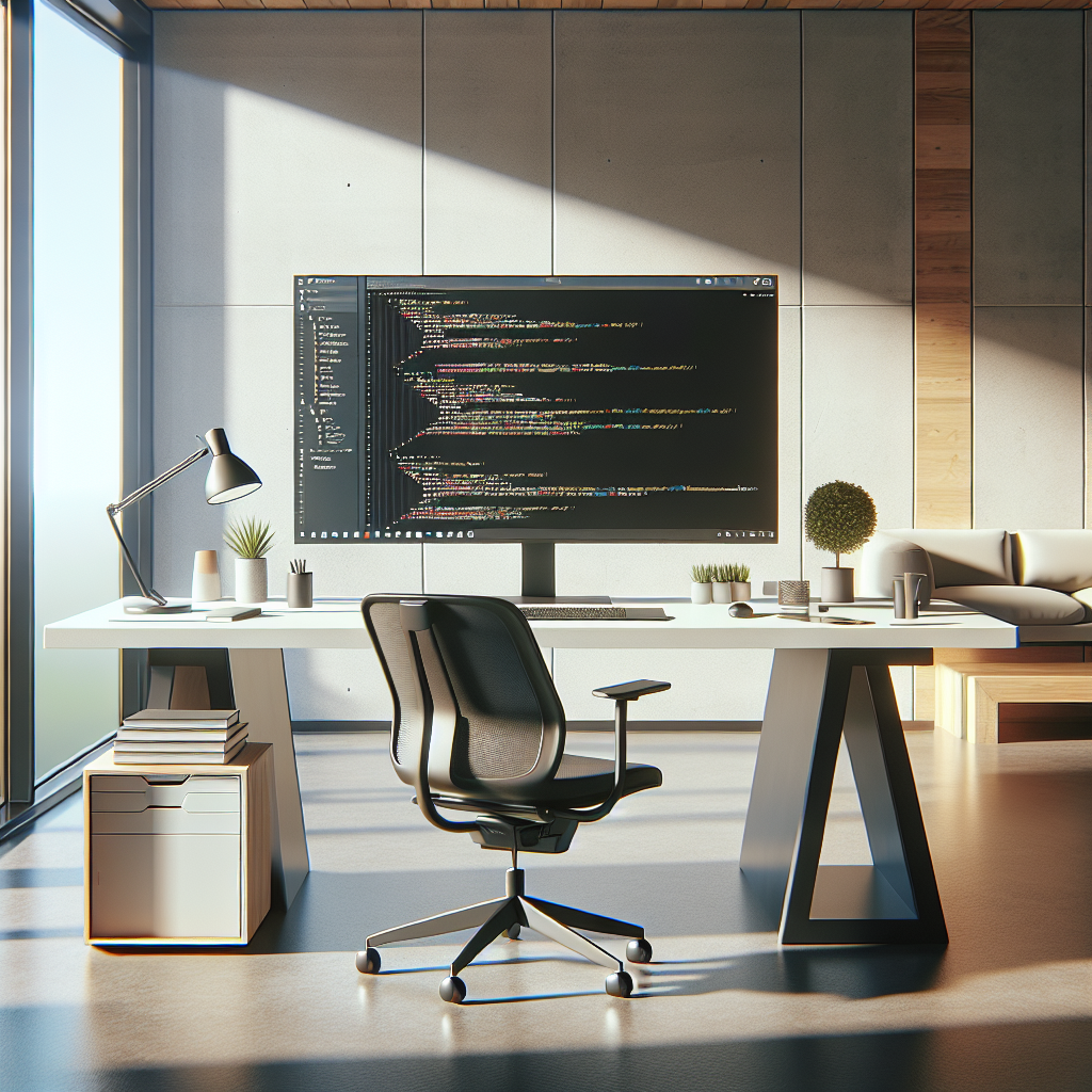 A modern office workspace showing a computer screen with Visual Studio 2022 IDE.