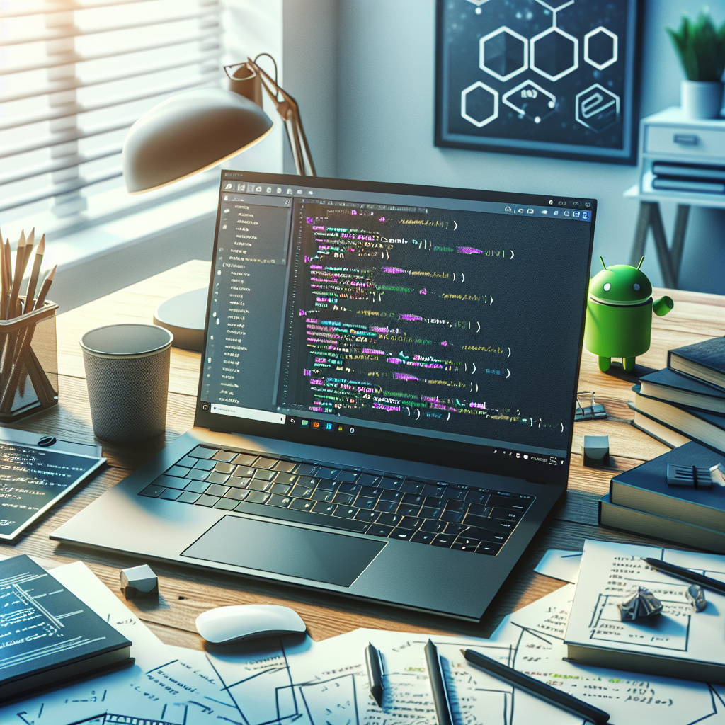 Workspace depicting Android app development with a laptop showing Android Studio.
