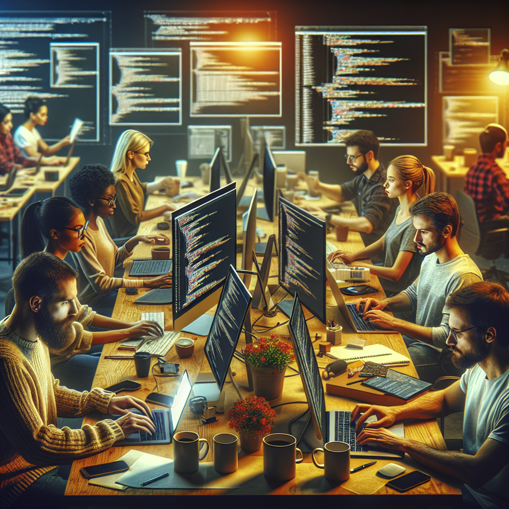 A realistic image of two diverse developer teams working separately on iOS and Android projects, illustrating the complexities of native app development.