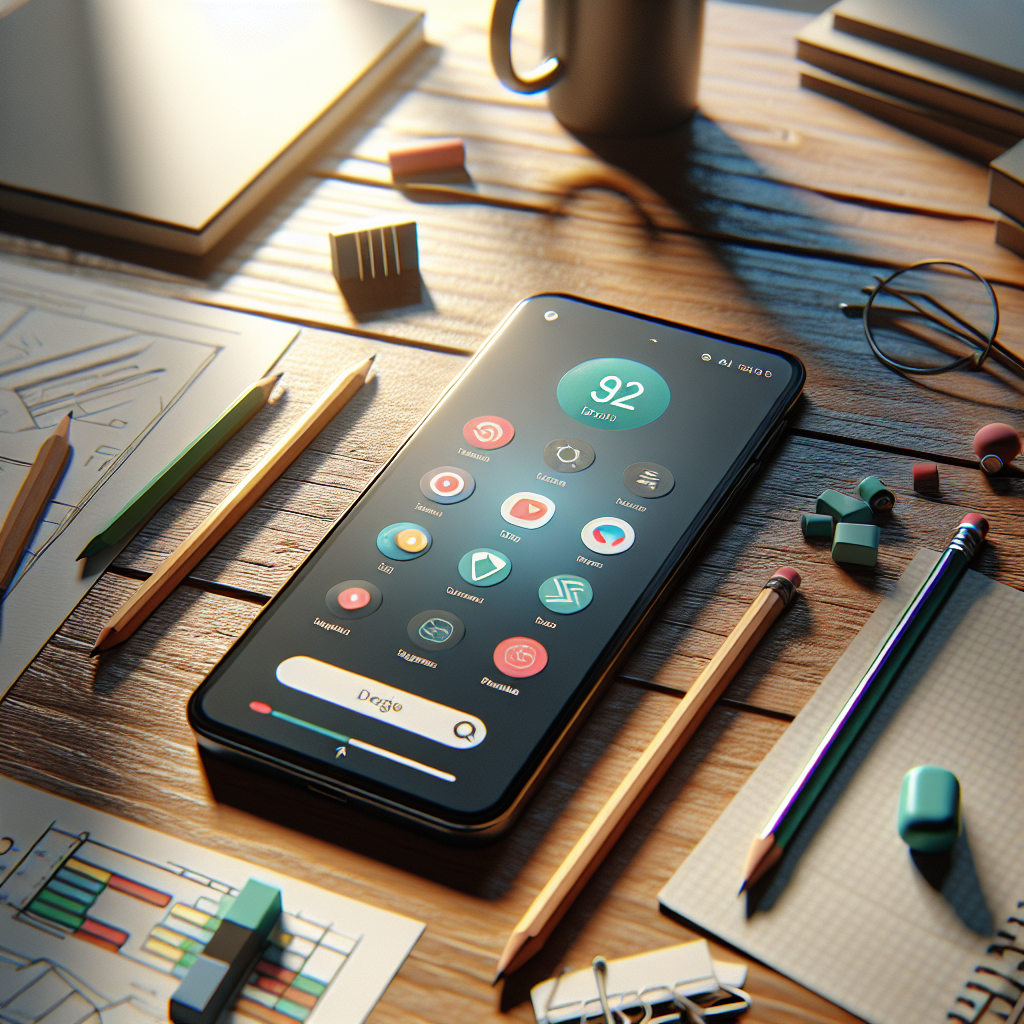 Smartphone showcasing an Android app UI design template on a wooden table with design materials.