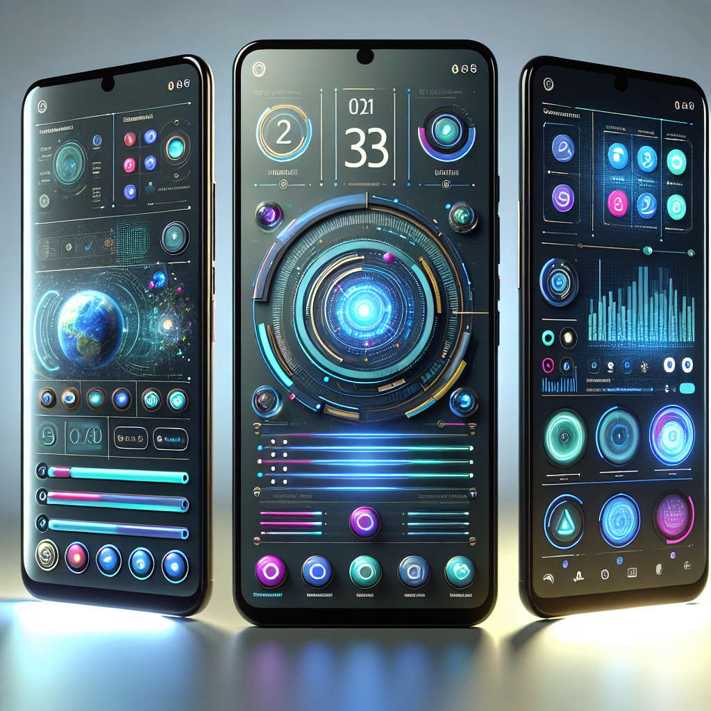 A realistic Android smartphone displaying a vibrant, modern UI design with interactive elements in blue and green tones.