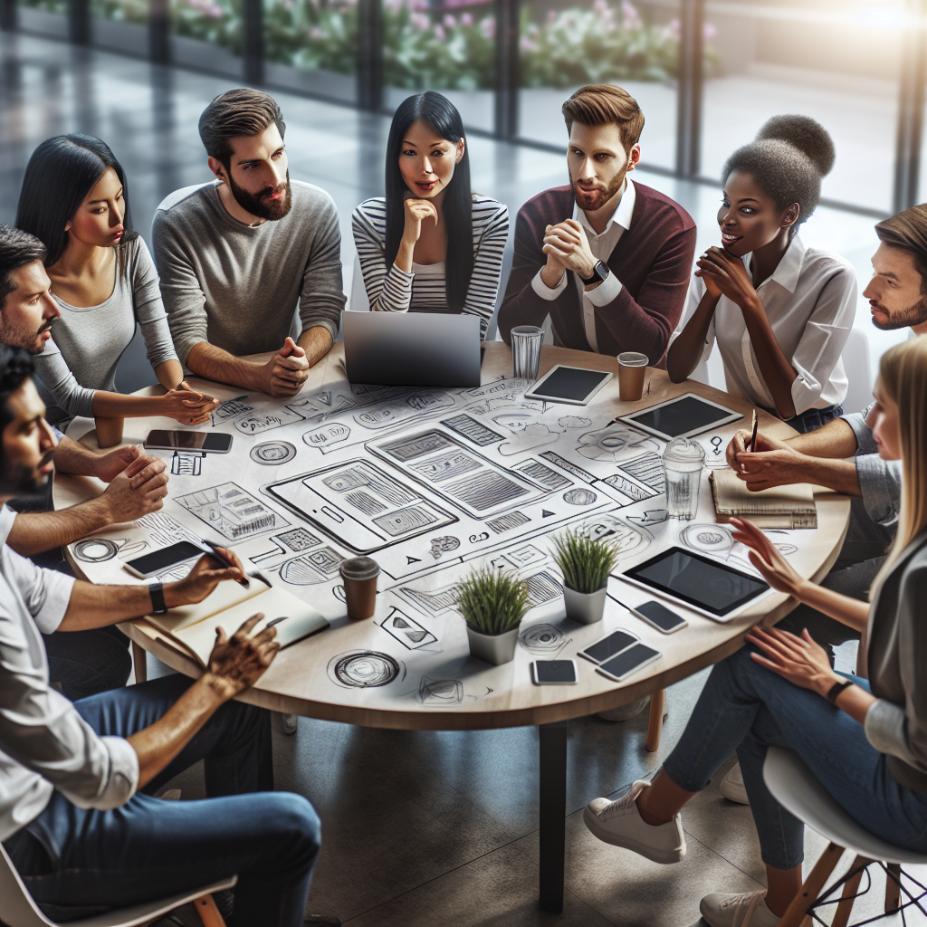 Diverse group of young individuals discussing mobile app development at a table.