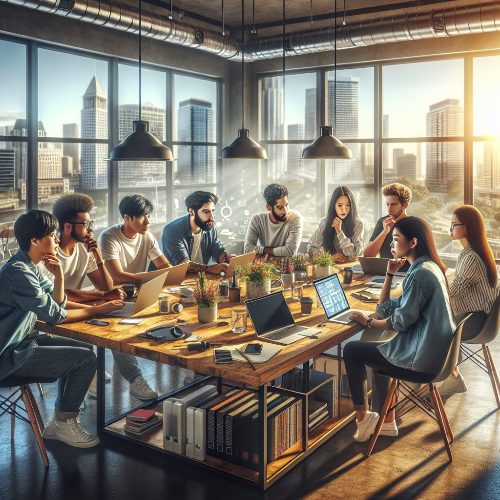 Young mobile app developers in a collaborative brainstorming session.