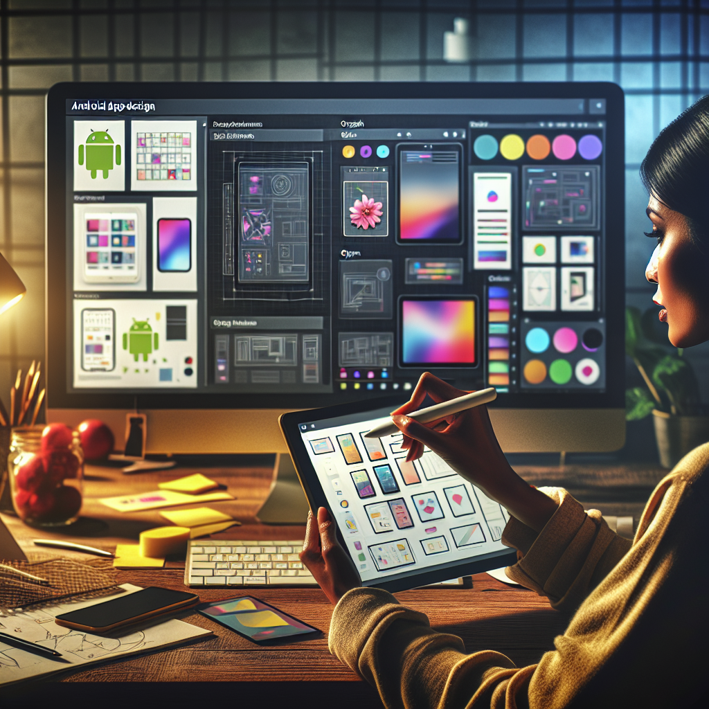 Illustration of a digital workspace for Android app design, highlighting creativity and technology.