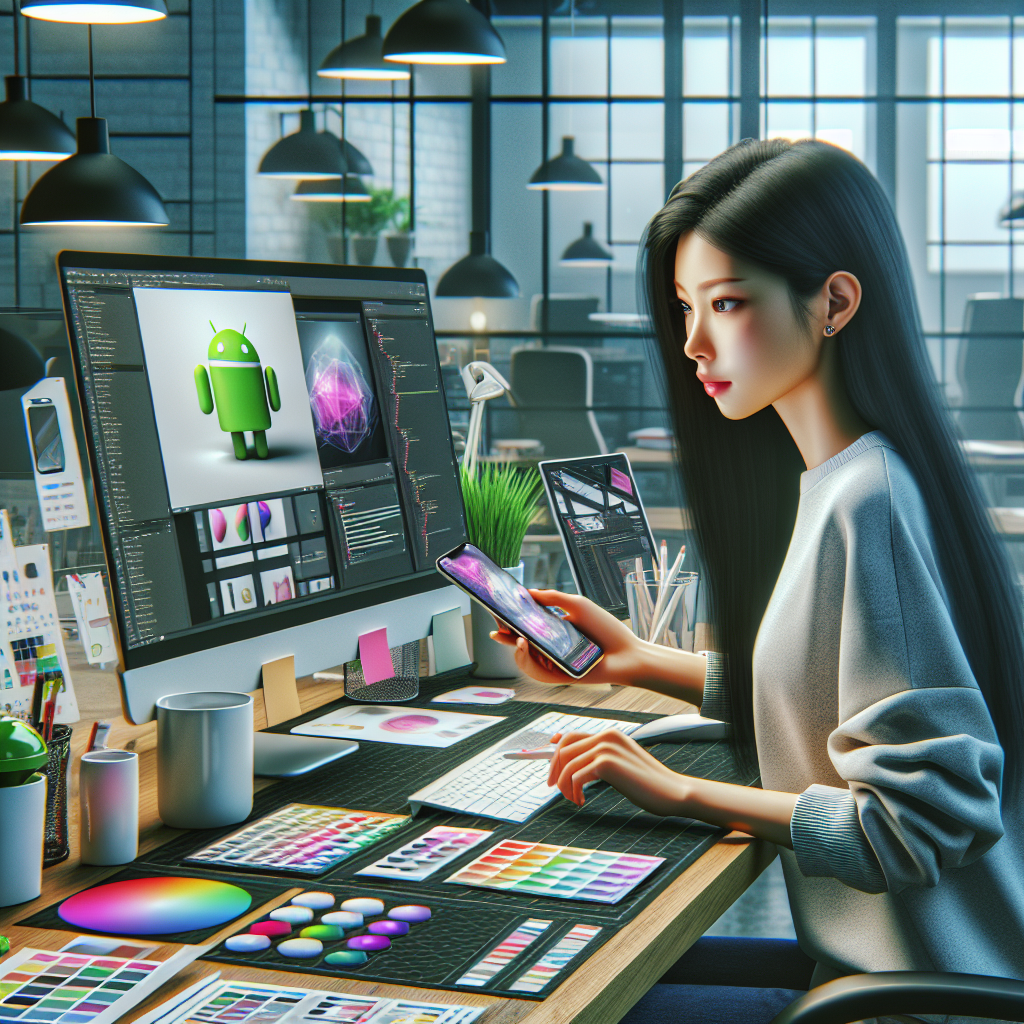 A designer working on Android app design at a modern workspace.